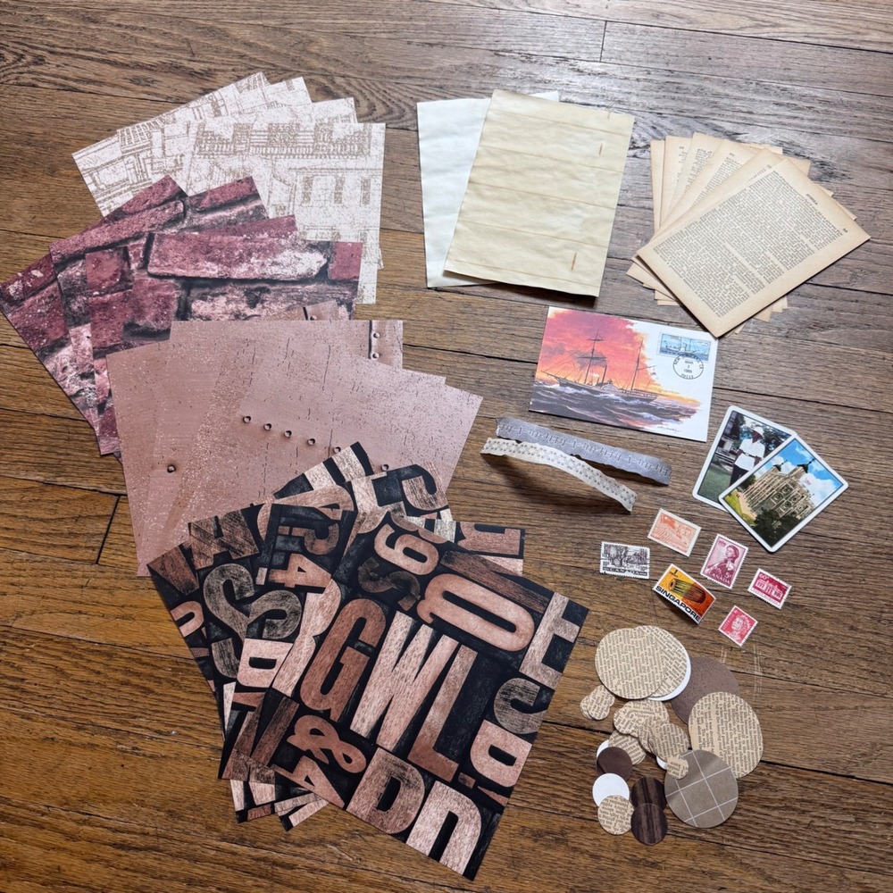 Junk journal Wallpaper, stamps, circles, cards postcard ephemera pack 2313